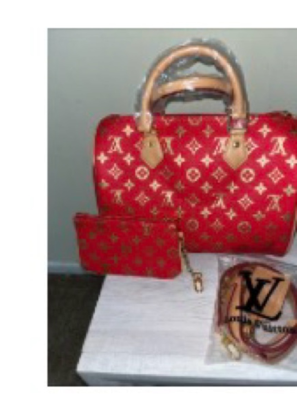 Red Monogram Satchel with Matching Pouch and Strap